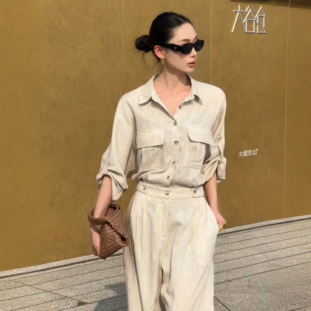 老钱风时尚棉麻套装女夏季松弛感气质简约防晒衣休闲裤亚麻两件套