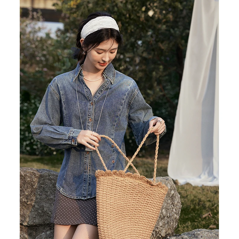 【年末大促】谜秀新品复古深蓝牛仔衬衫女2025春夏显瘦百搭长袖上衣