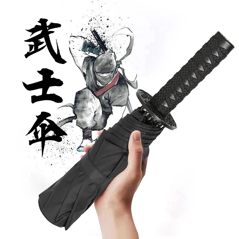新款创意三折自动武士刀雨伞现货刀柄广告伞剑伞黑武士动漫晴雨伞