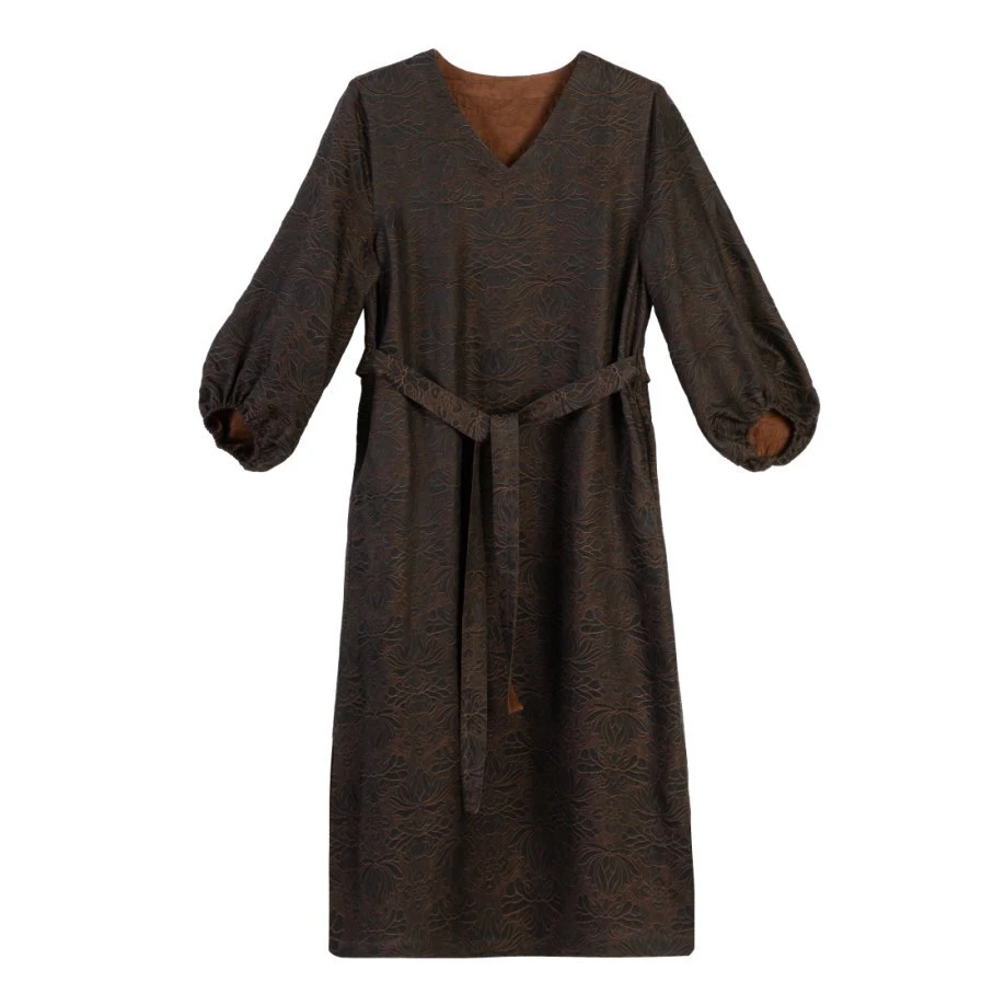 莹 新中式国风 佛手莲花  时尚宽松 复古 V领 长款连衣裙 58025 L