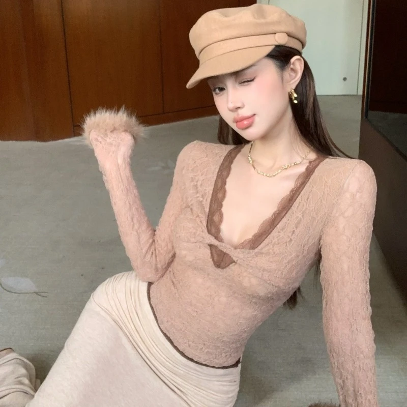 纯欲性感低胸v领毛毛上衣女秋冬巨好看绝美蕾丝打底衫内搭高级感