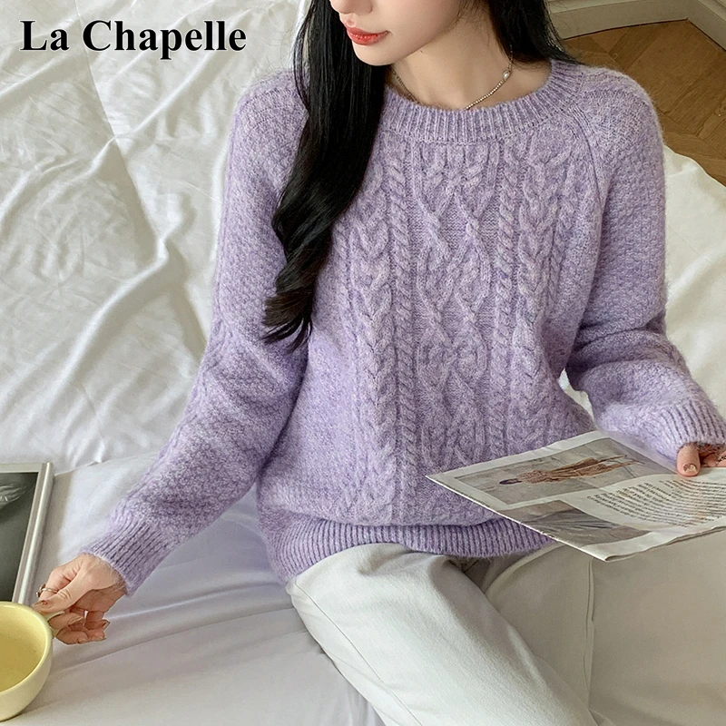 拉夏贝尔慵懒风麻花圆领套头毛衣女秋冬新款宽松时尚百搭洋气上衣