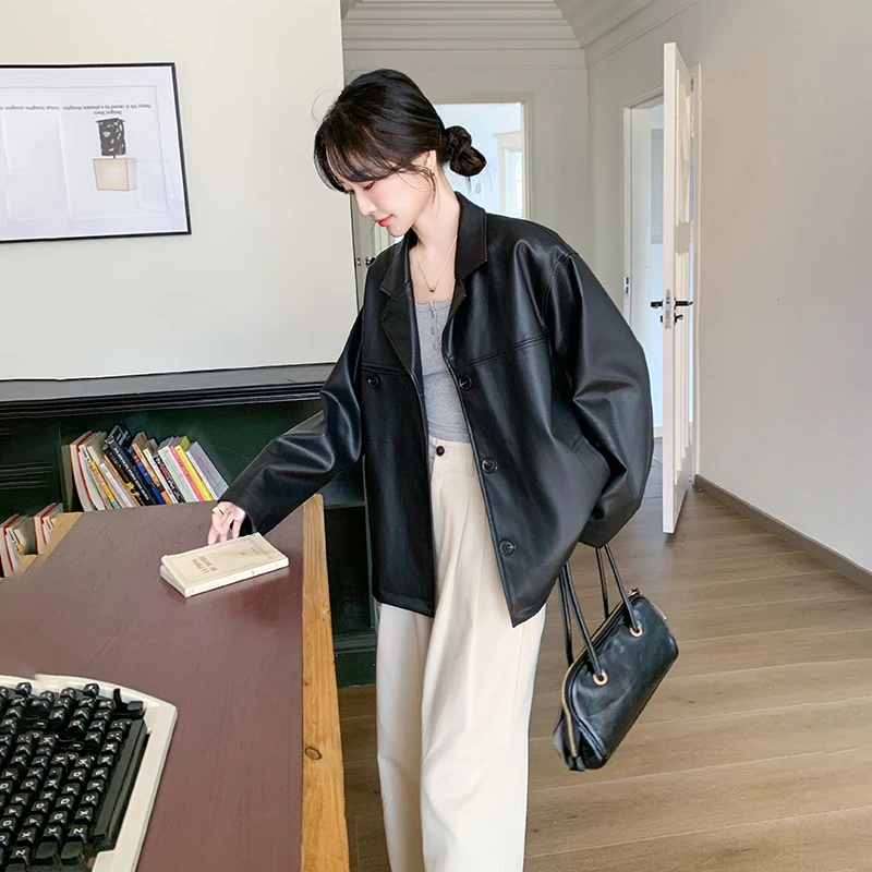 设计感黑色西装皮衣外套女2025春季新款美式复古休闲机车服夹克