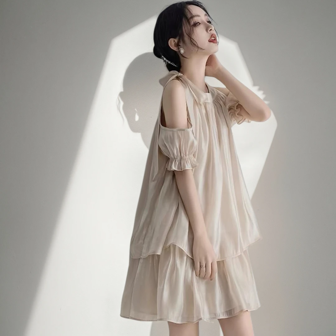 微胖妹妹大码韩版短袖露肩连衣裙女夏季新款蝴蝶结挂脖显瘦A字裙