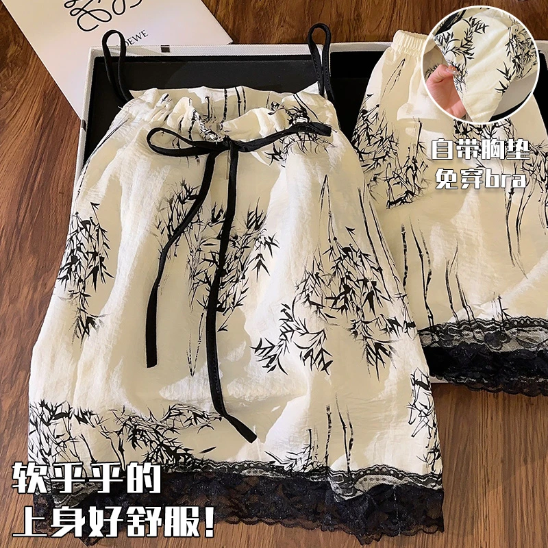水墨竹睡衣女款新款夏季云朵棉无袖吊带胸垫夏天小个子家居服套装