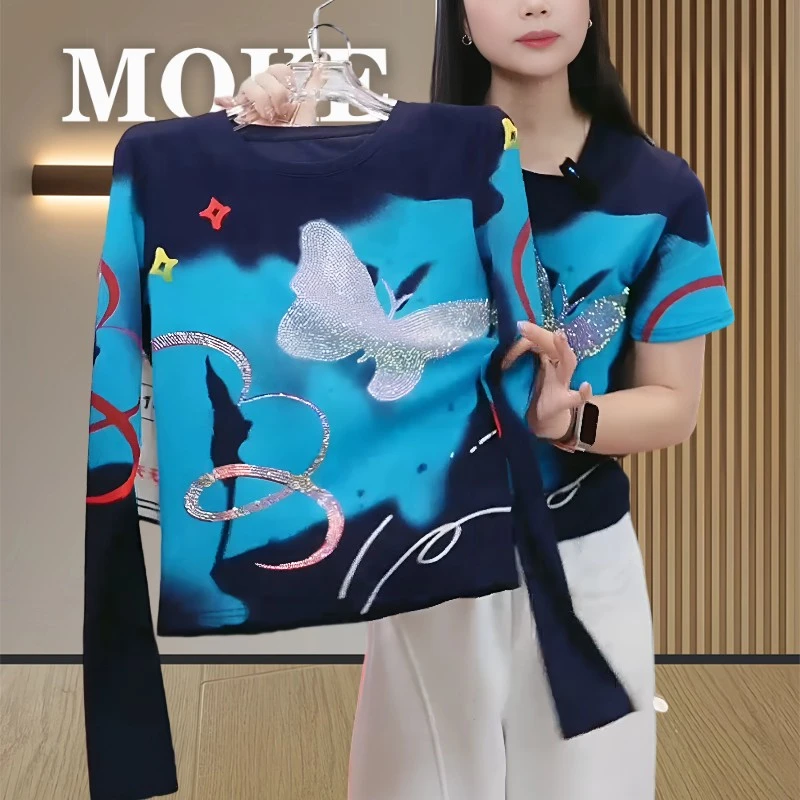 春秋季多巴胺服装女时尚气质宽松百搭撞色印花长袖女款圆领t恤