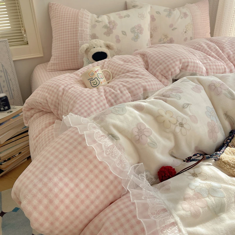 A类韩系蕾丝花边雕花绒四件套牛奶绒床上用品少女心小清新秋冬季