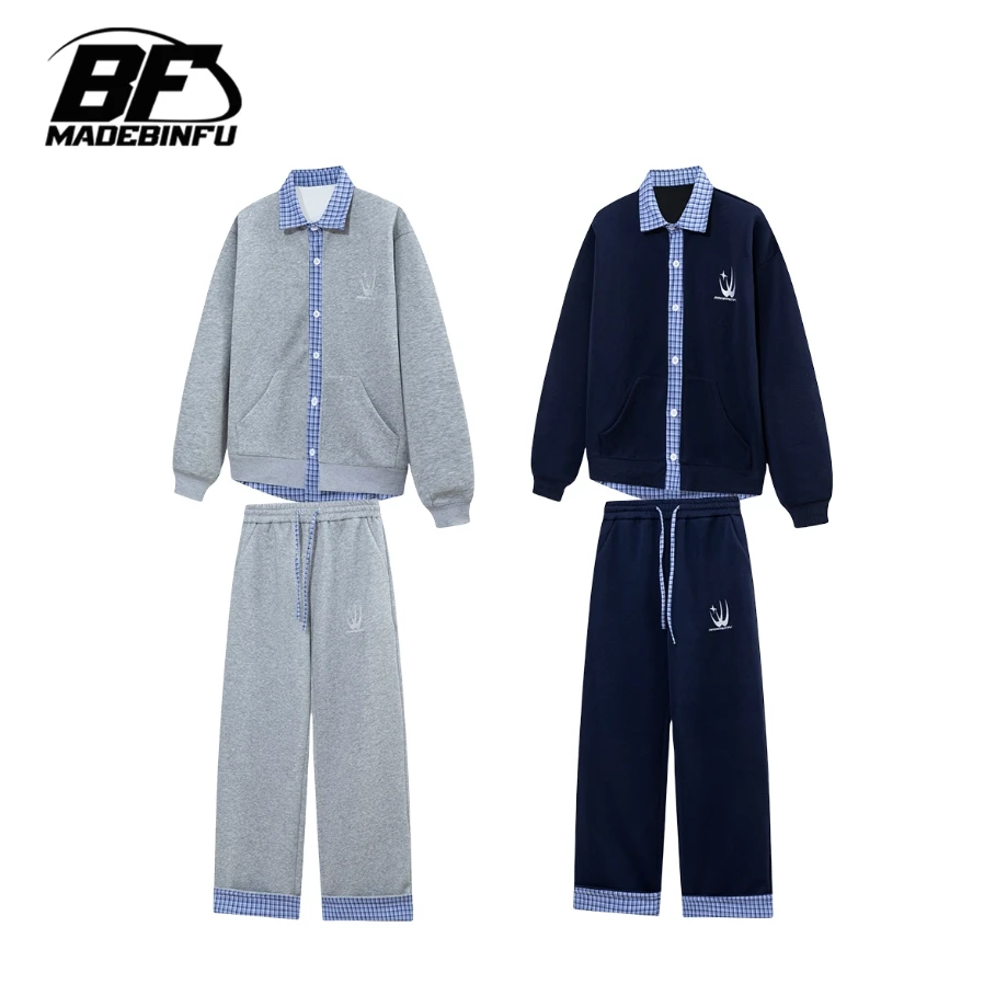 BINFU 2025年春季新款假两件男女同款情侣装拼接格子休闲卫衣