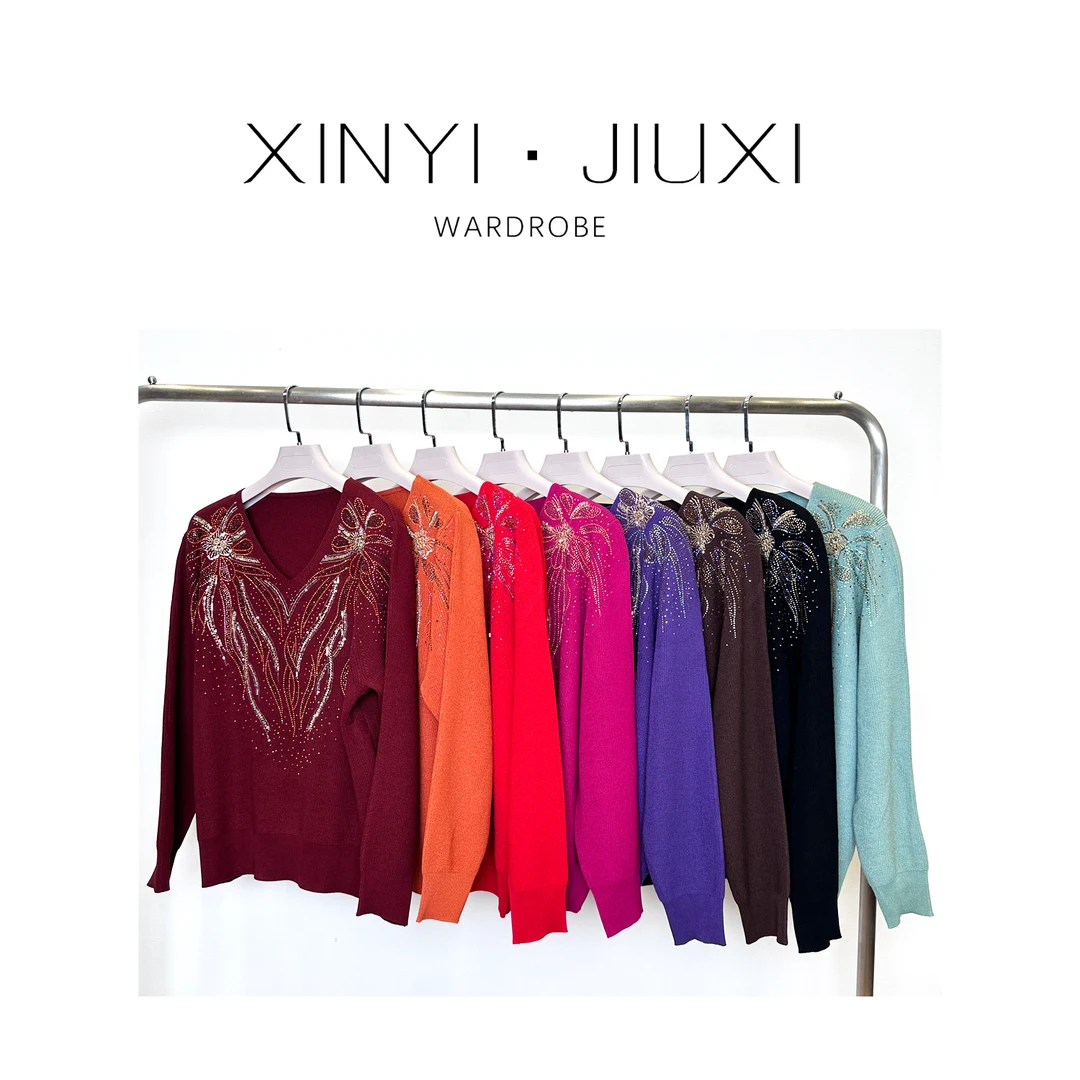 女士v领烟花水钻妈妈毛衫时尚