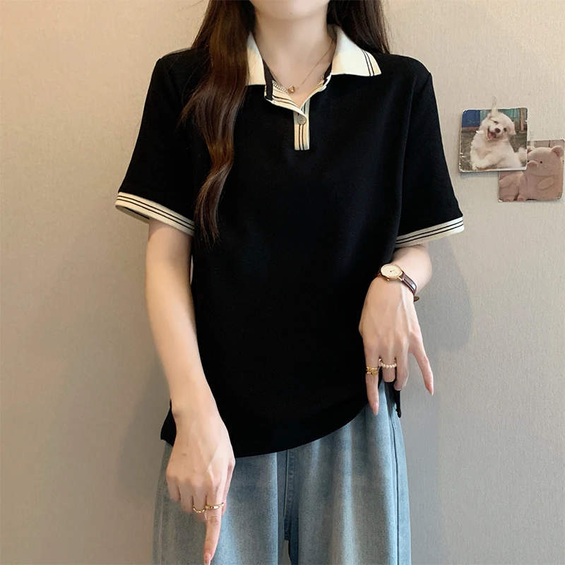 大码遮肚子正肩休闲短袖t恤女夏季微胖显瘦上衣POLO领撞色打底衫