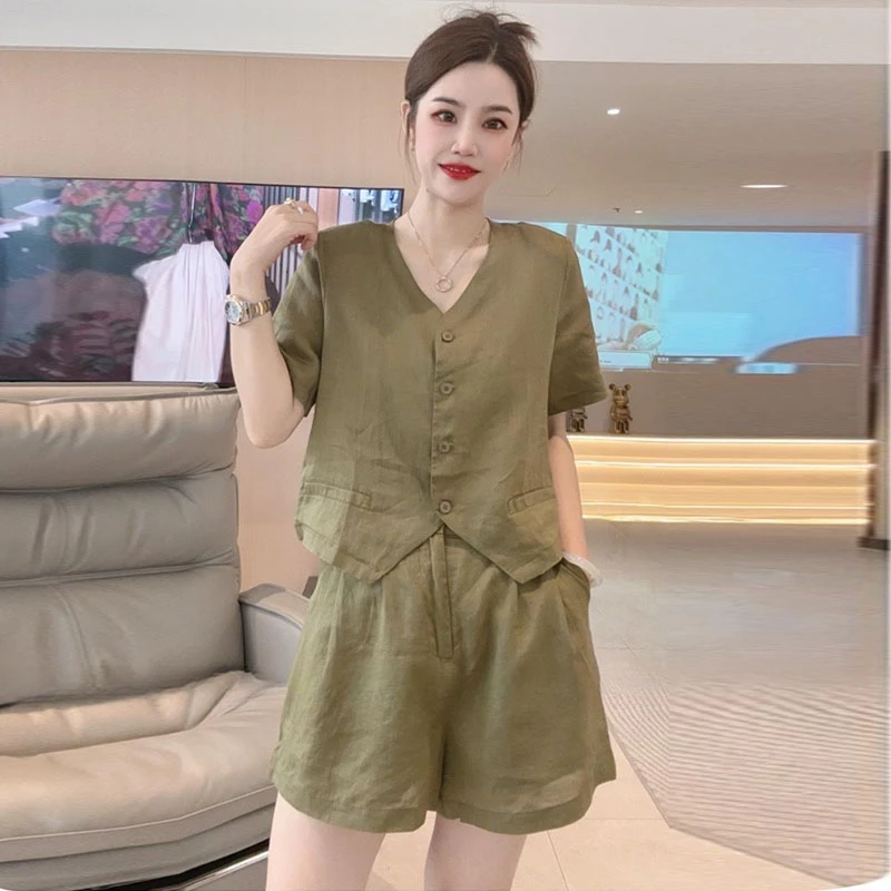 高含棉高级感休闲套装女2025夏季新款时尚宽松减龄衬衫短裤两件套
