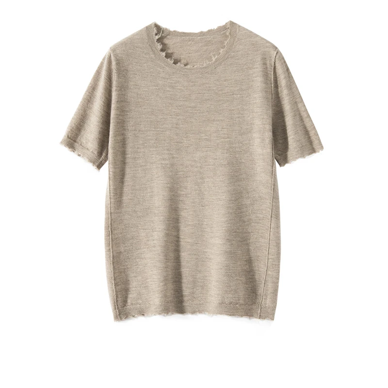 68支精纺三股毛边圆领100纯山羊绒衫女针织短袖春秋超细毛衣打底