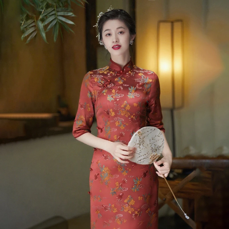 优雅气质妈妈旗袍秋季新款中国风全开襟日常改良红色提花268037