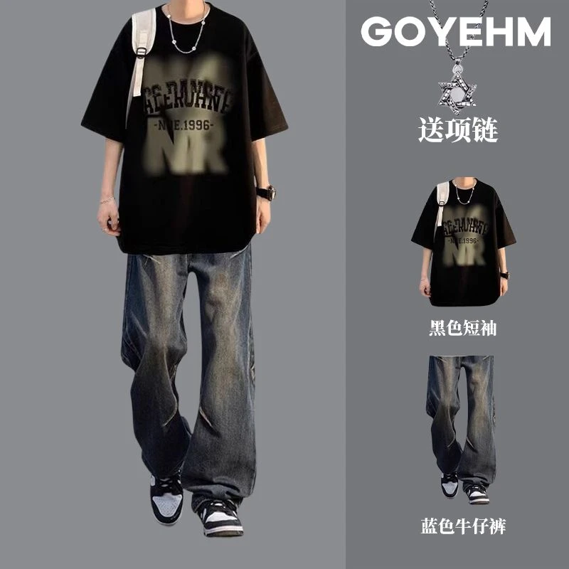 潮牌夏季纯棉美式高街短袖t恤套装男装一套搭配潮流宽松休闲穿搭
