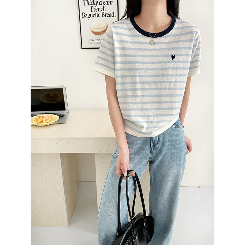 【海盐蓝条纹~醋酸丝羊毛】圆领条纹撞色爱心刺绣短袖T恤女上衣潮