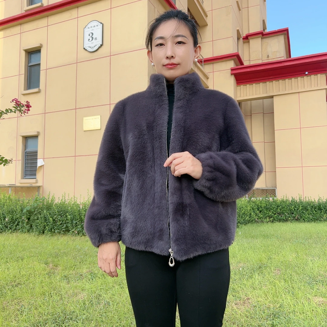 海宁立领大衣秋冬修身型冬季外套女装保暖女貂绒加厚