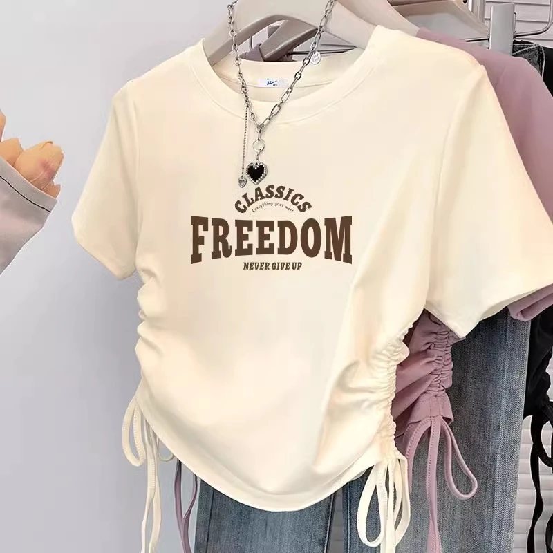 抽绳短袖冰丝t恤女童2025夏季小个子美式修身中大童洋气卡腰上衣