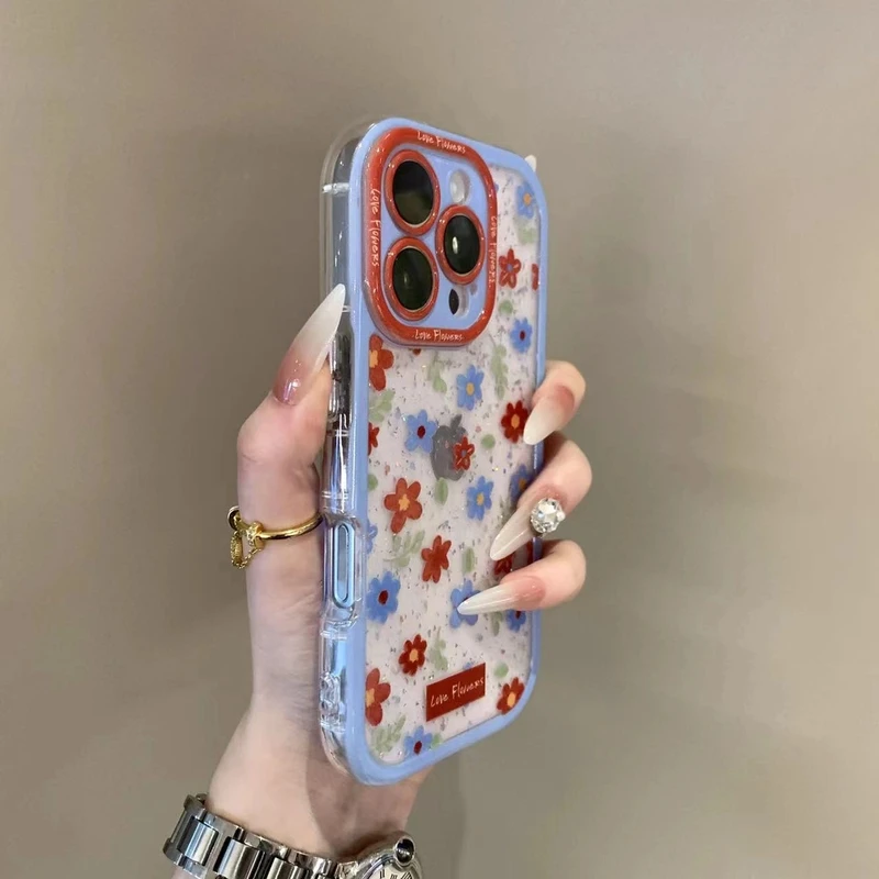韩闪粉碎花适用苹果13新高级14防摔硅胶16Pro气囊全包透明女款软