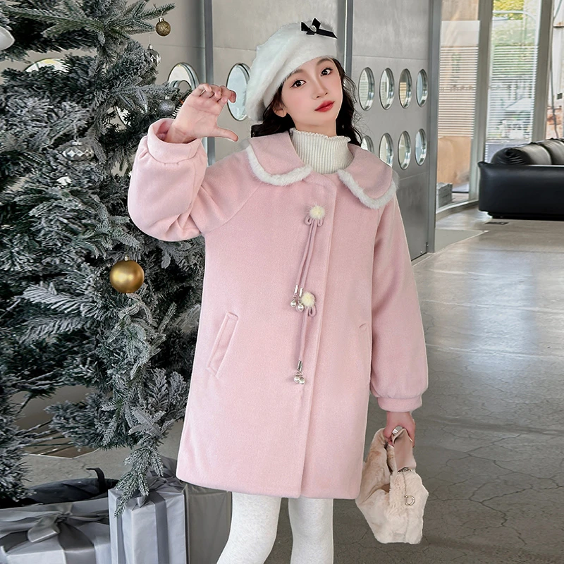 女童毛呢外套秋冬新款夹棉宽松洋气甜美公主风加厚大儿童呢子大衣