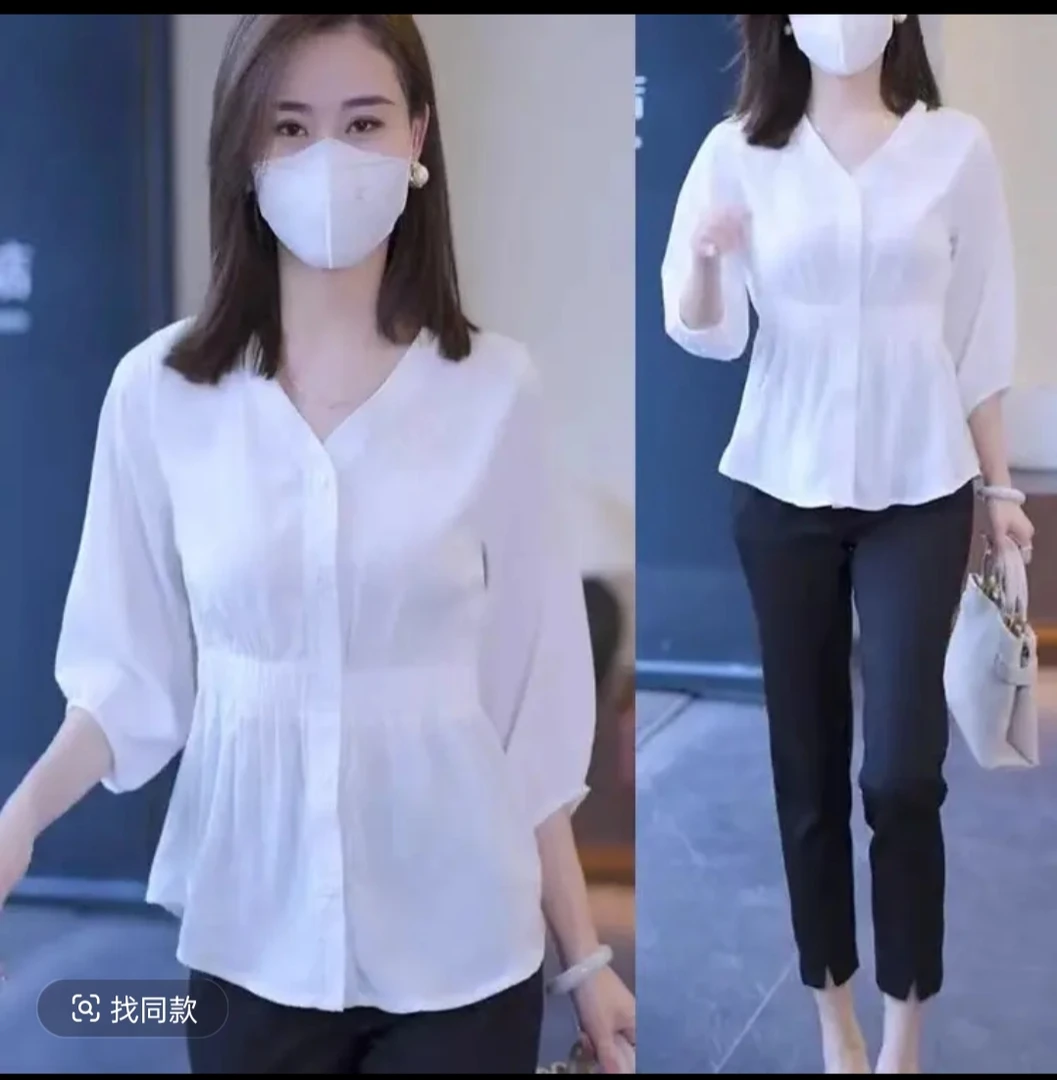 宽松大码显瘦薄款洋气夏季遮肚子衬衫韩版七分袖遮肉肉女衬衣白色