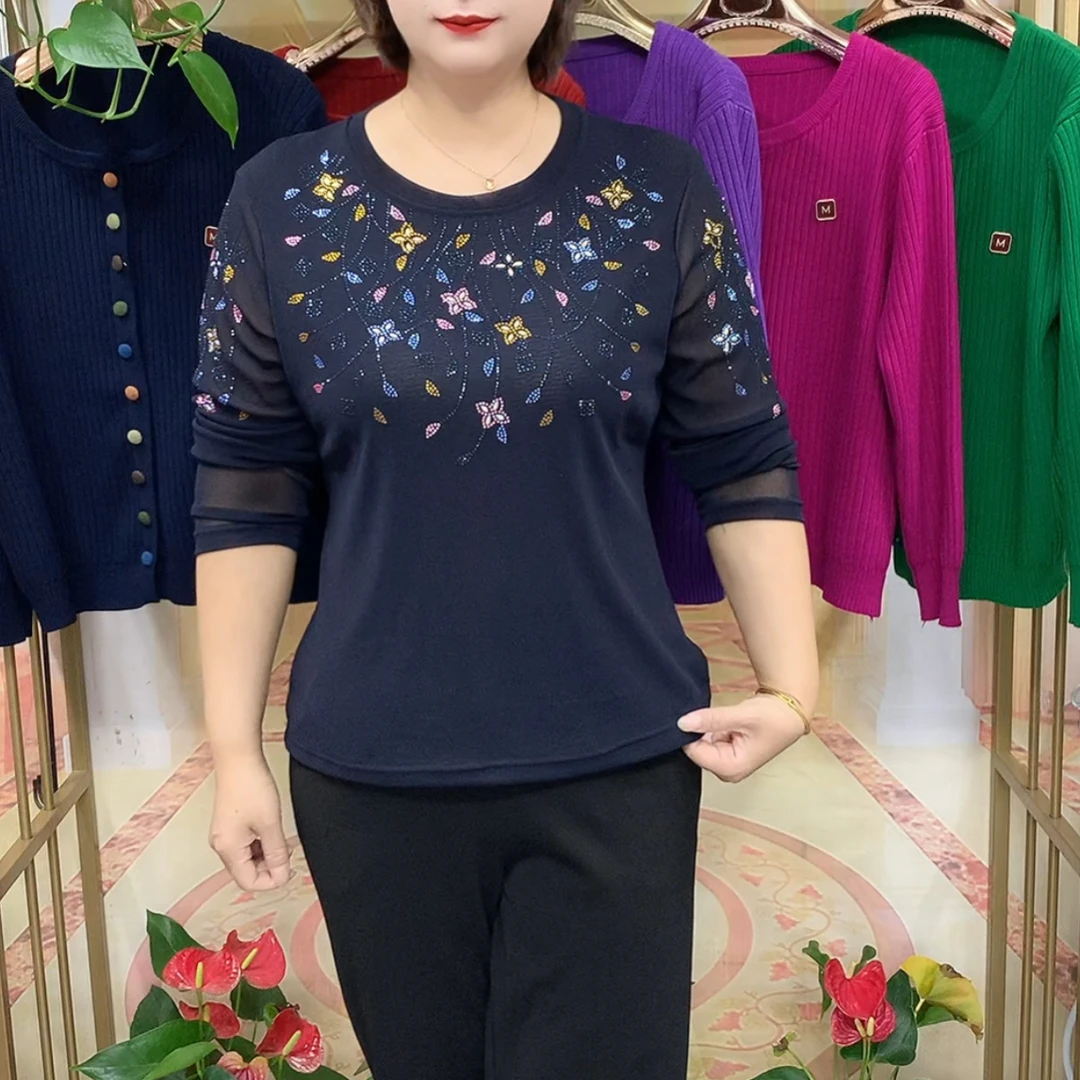 网纱大码重工烫钻半高领长袖弹力秋季打底衫气质显瘦洋气时尚