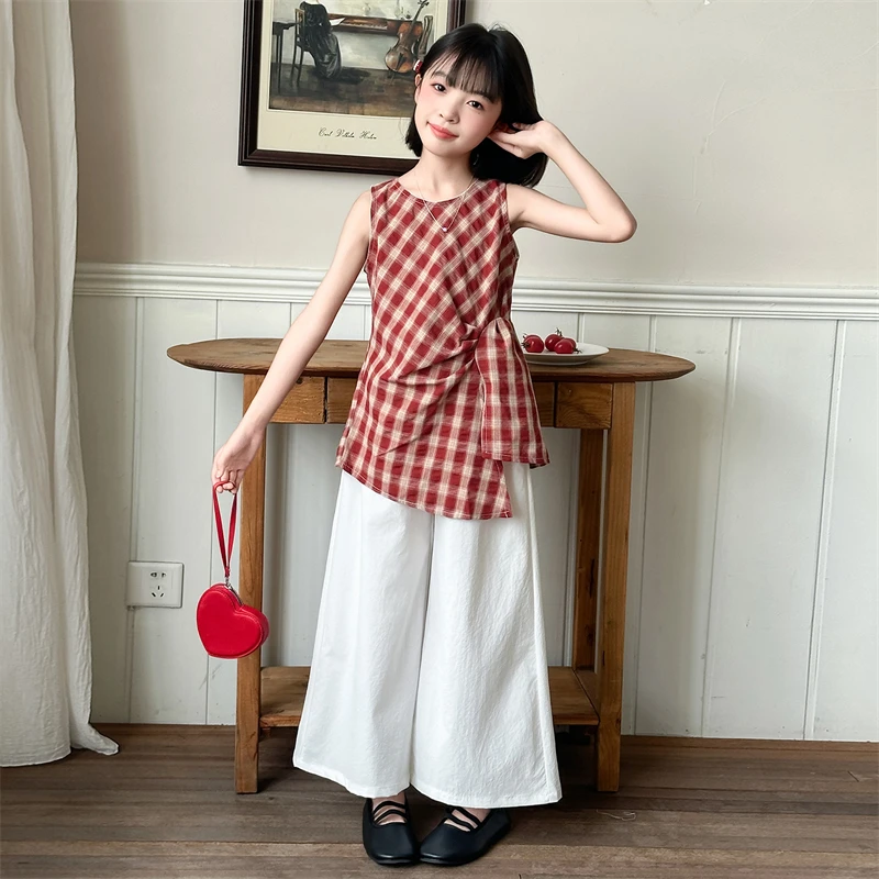 女童夏季红格子背心阔腿裤套装2025新款休闲薄款无袖中大童两件套