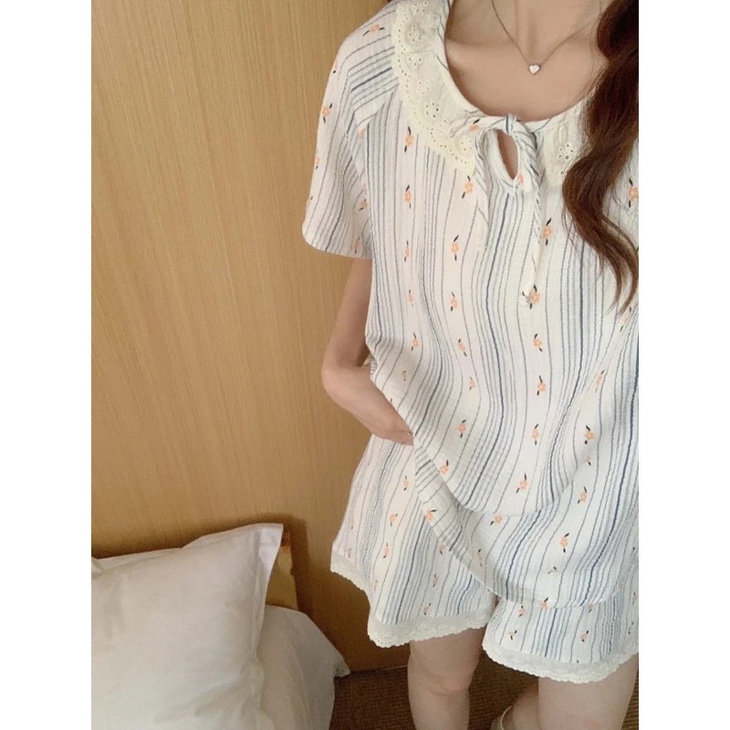 短袖短裤夏季纯棉小众套装薄款套装睡衣宽松减龄设计感