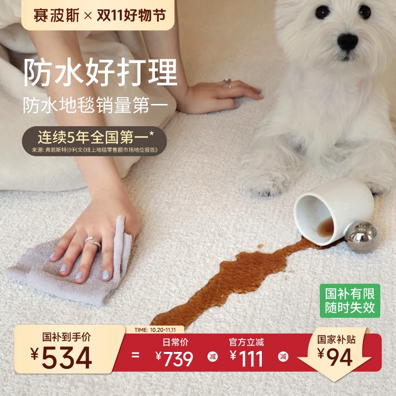 赛波斯白月光防水防污地毯素色法式简约奶油风客厅卧室轻奢高级