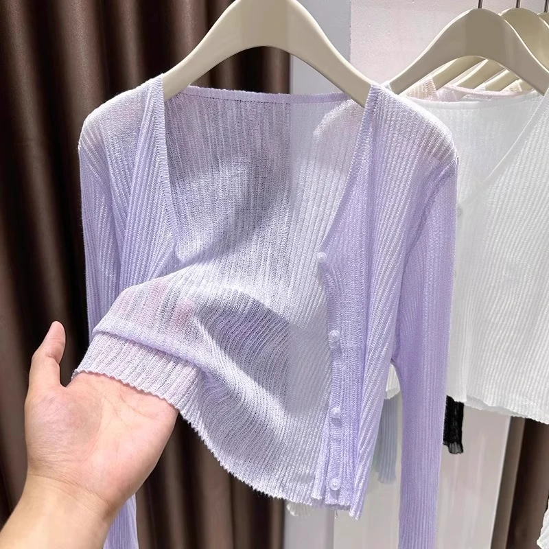 芯娇晴外搭薄款冰丝配吊带裙防晒罩衫女装夏季微透空调衫针织开衫