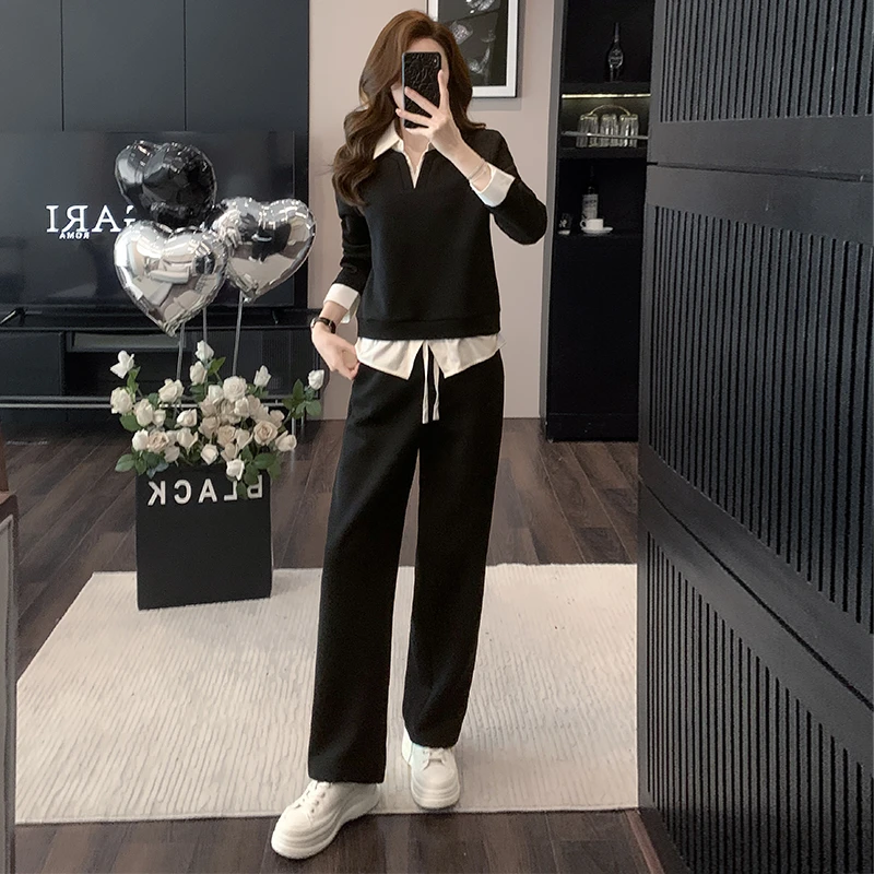 时尚减龄V领休闲运动套装女2025春秋高级感假两件上衣穿搭一整套