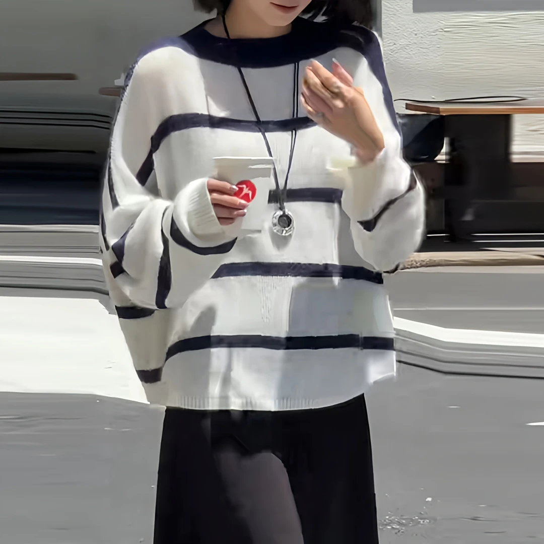 撞色条纹长袖针织衫女2025秋季新款宽松慵懒显瘦百搭短款宽松上衣