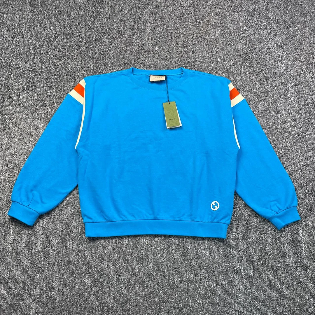 全新未使用 GUCCI/古驰 52700/蓝色条纹圆领套头长袖卫衣/L码