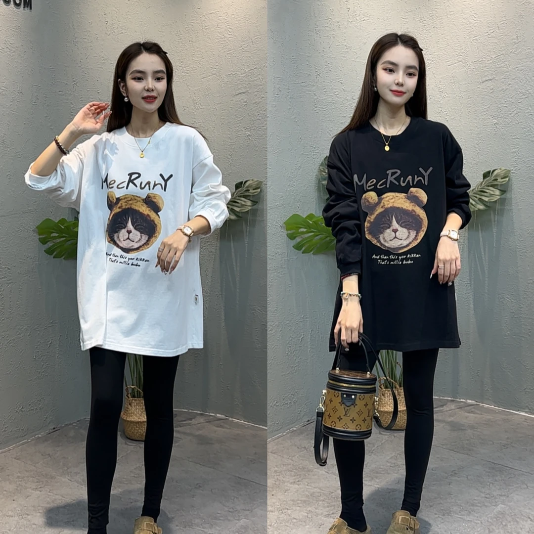 HG883秋冬新款韩版小熊印花宽松大码圆领磨毛长袖T恤女