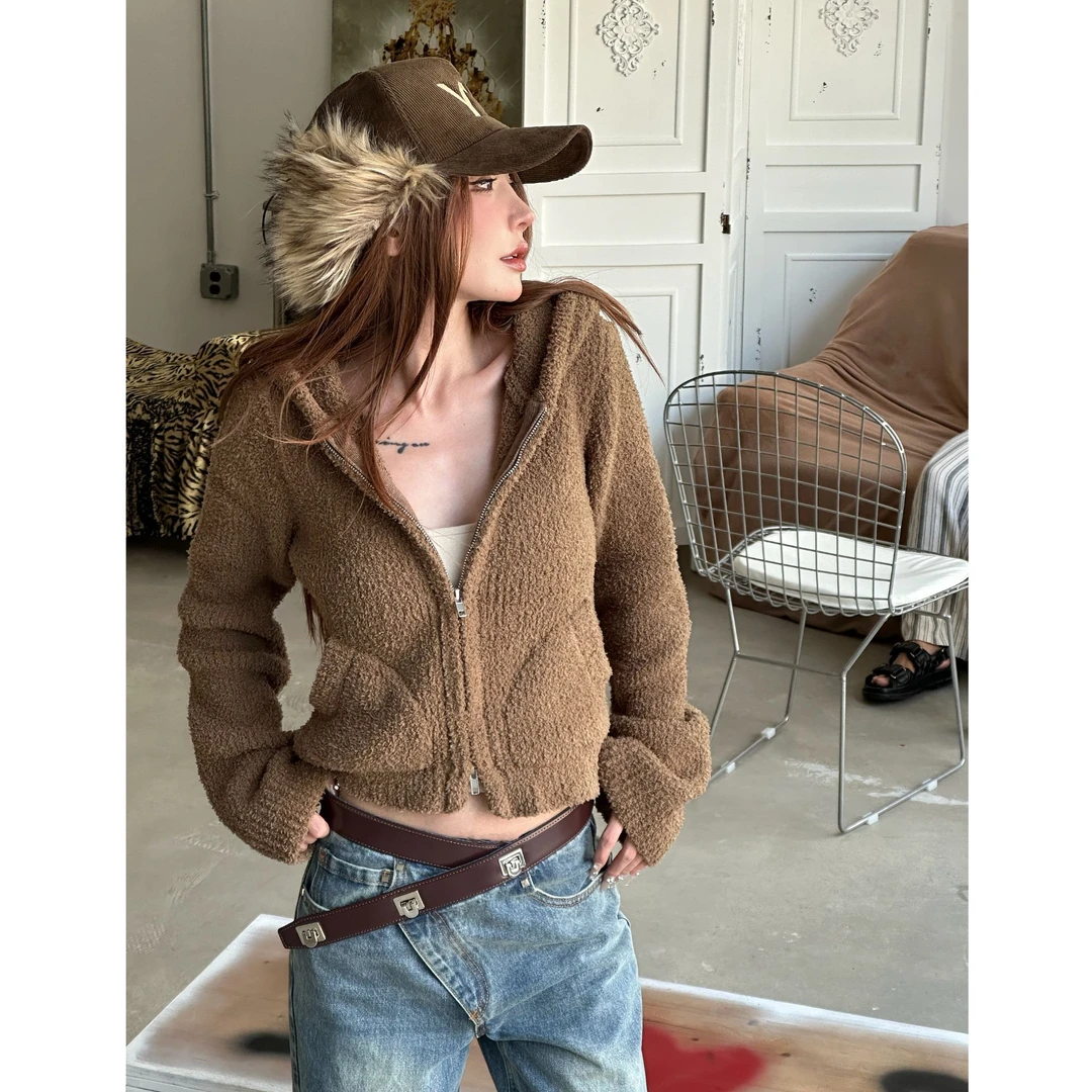 【可可推荐】秋冬新款软糯慵懒感泰迪连帽双拉链针织开衫休闲S088