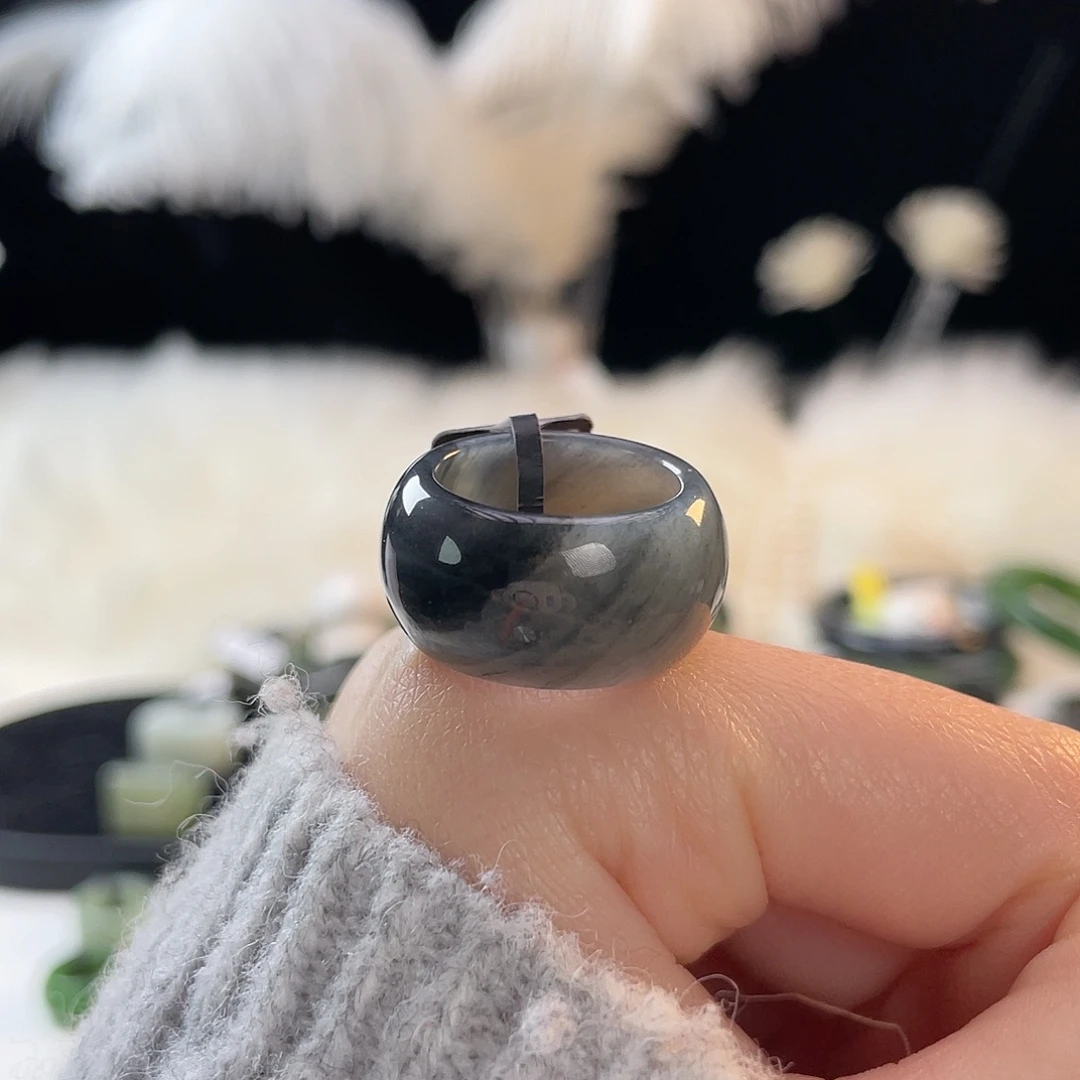和田玉未镶嵌戒指k33黑青花墩墩16.8mm