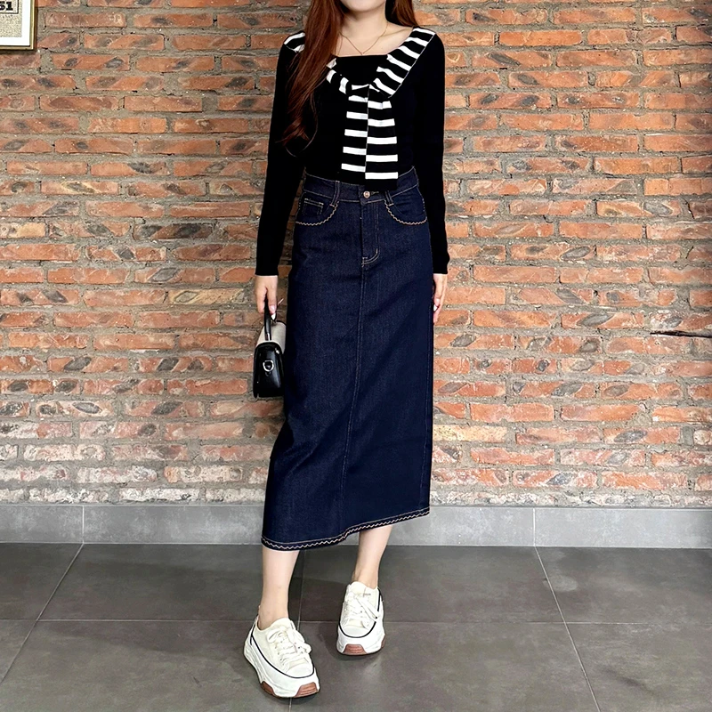 美思源丹宁蓝牛仔半身裙女2025新款秋季A字开叉小个子包臀中长裙