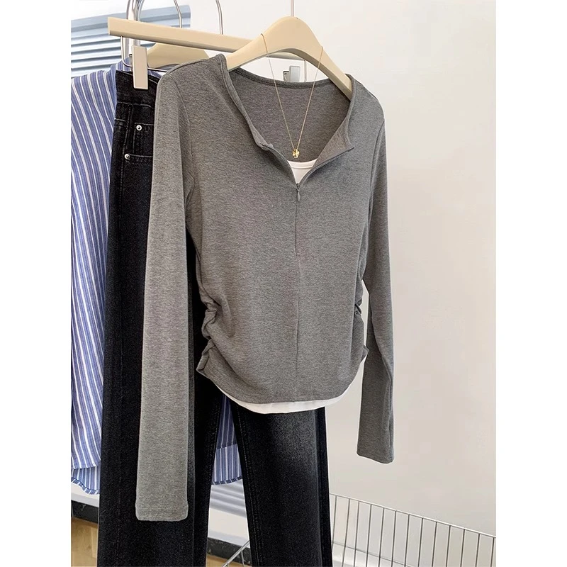 灰色假两件v领长袖t恤女春秋早春季修身内搭不规则打底衫短款上衣