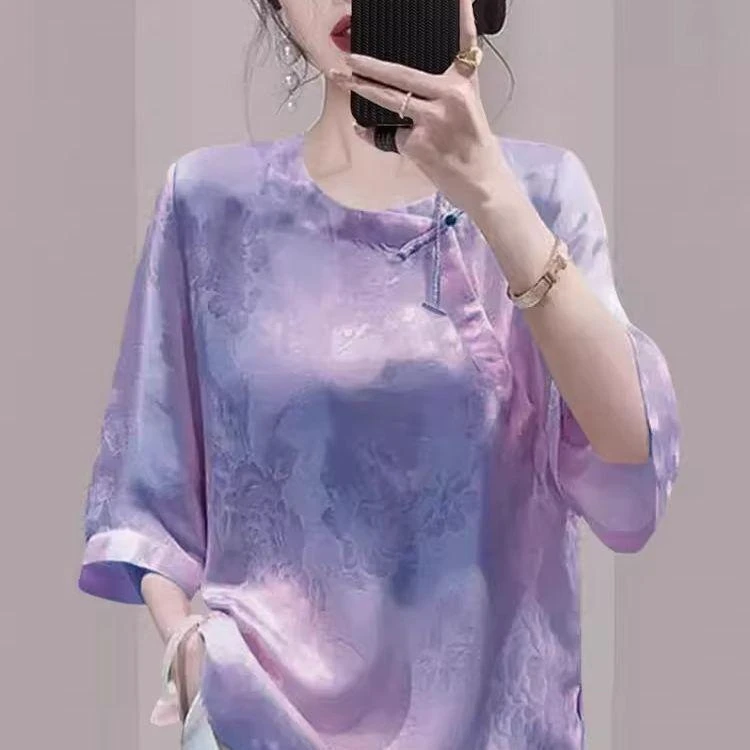 新中式宽松显瘦2025夏季新款小众别致高端紫色盘扣短袖衬衫女上衣