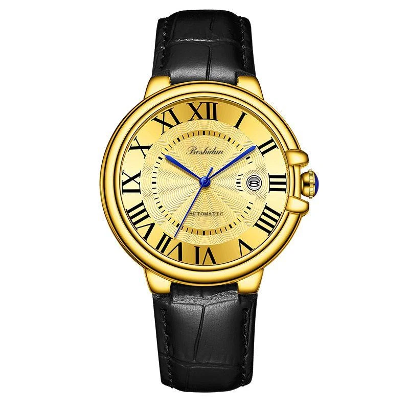 时尚潮流蓝泡泡大表盘日历男士防水休闲黑色皮带男表9118专属