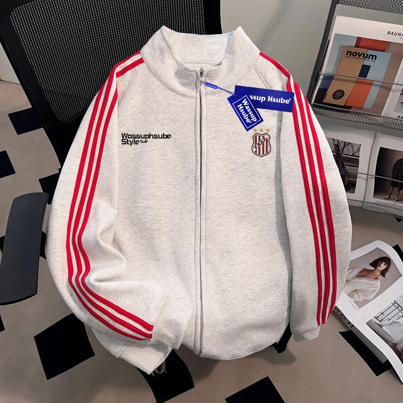 WASSUP HSUBE高级感撞色拼接三条杠开衫立领卫衣慵懒宽松上衣外套