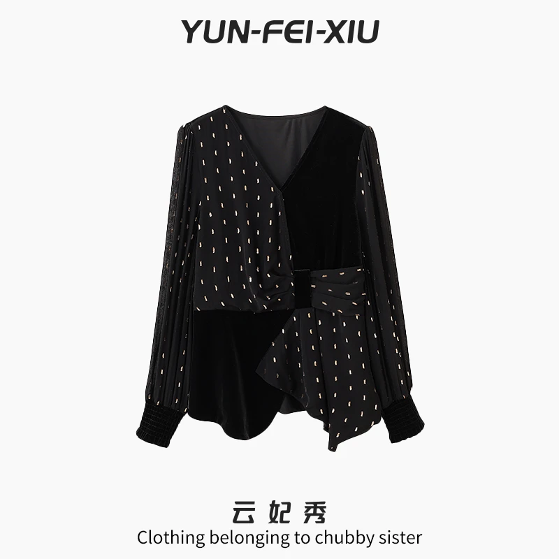 云妃秀大码女装T恤V领褶袖拼接时尚宽松显瘦遮肉胖妹妹秋季5025
