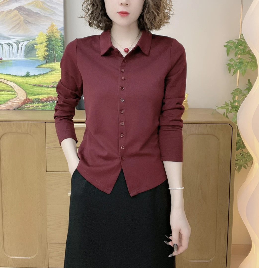 2025秋季新款简约时尚气质纯色收腰6扣眼百搭打底上衣衬衣