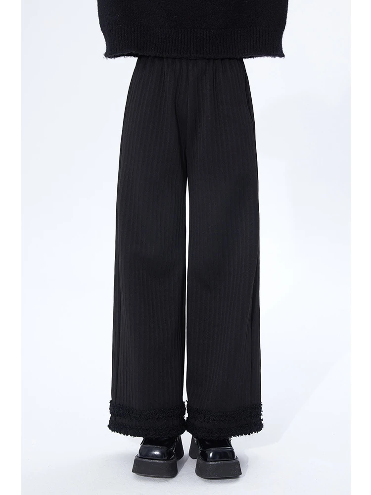 三色加绒针织裤女冬季松紧腰宽松加厚双层花边直筒长裤