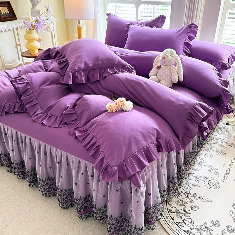 新款蕾丝纯色床裙四件套四季款公主风亲肤学生磨毛四件套网红款