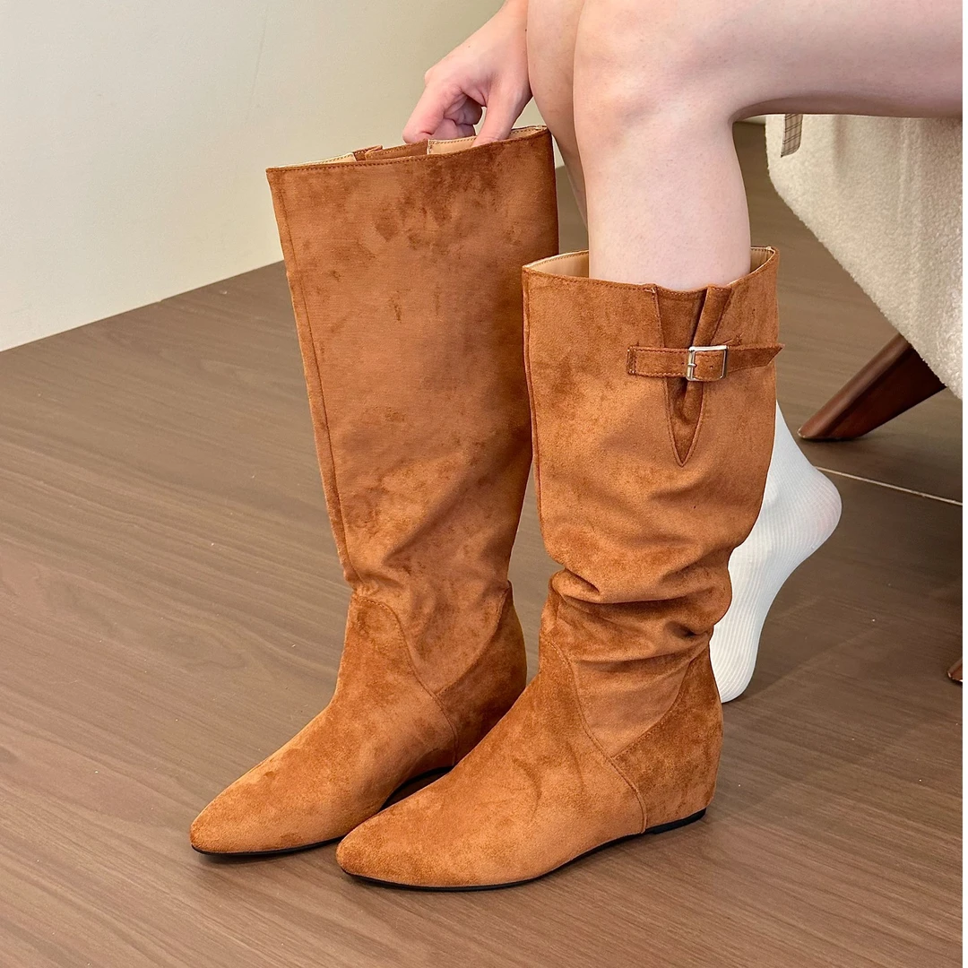 GUO-933-2显白复古绒面尖头搭扣内增高堆堆靴女秋冬两穿长筒靴