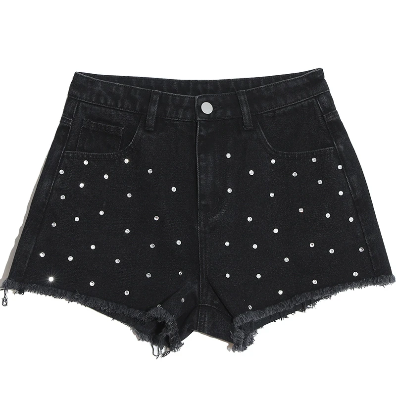 TCH潮牌烫钻时尚百搭潮流高腰显瘦休闲黑色A字牛仔短裤T66B218119