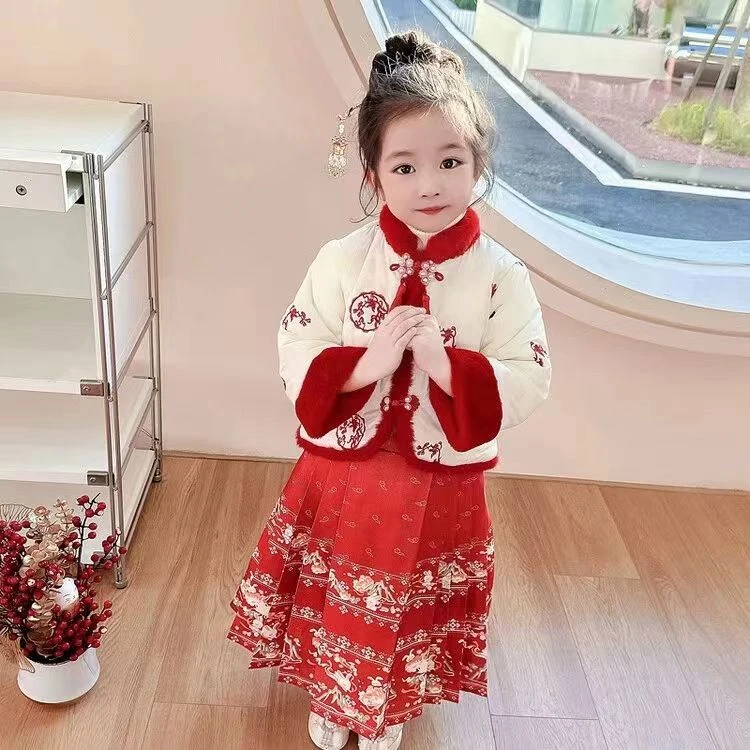 女小童冬装马面裙拜年服套装女宝宝洋气中国风盘扣加厚时尚两件套
