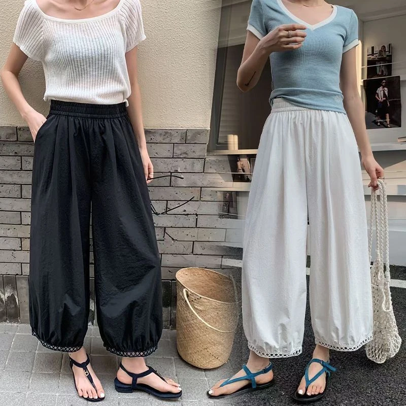 可爱风蕾丝花边阔腿九分裤女夏季垂感小个子宽松休闲裤显瘦大码