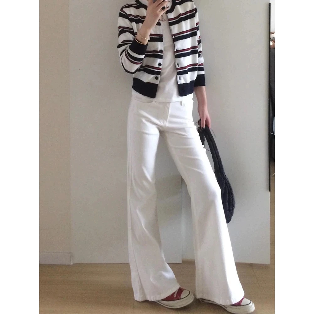 白色低腰微喇叭牛仔裤女2025夏季新款弹力修身显瘦拖地马蹄裤潮