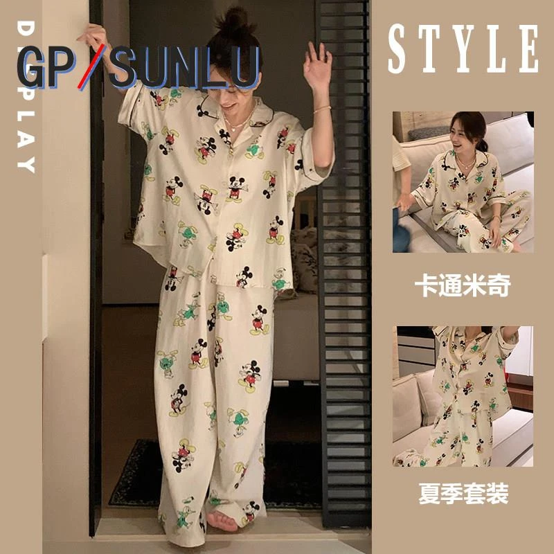 日本小众GP可爱卡通米奇印花短袖睡衣女夏款开衫长裤家居服大尺码